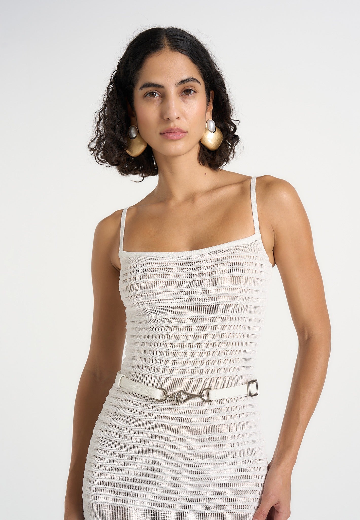 Danika - Metallic Knit Belted Midi Dress - White