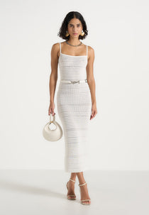 Danika - Metallic Knit Belted Midi Dress - White