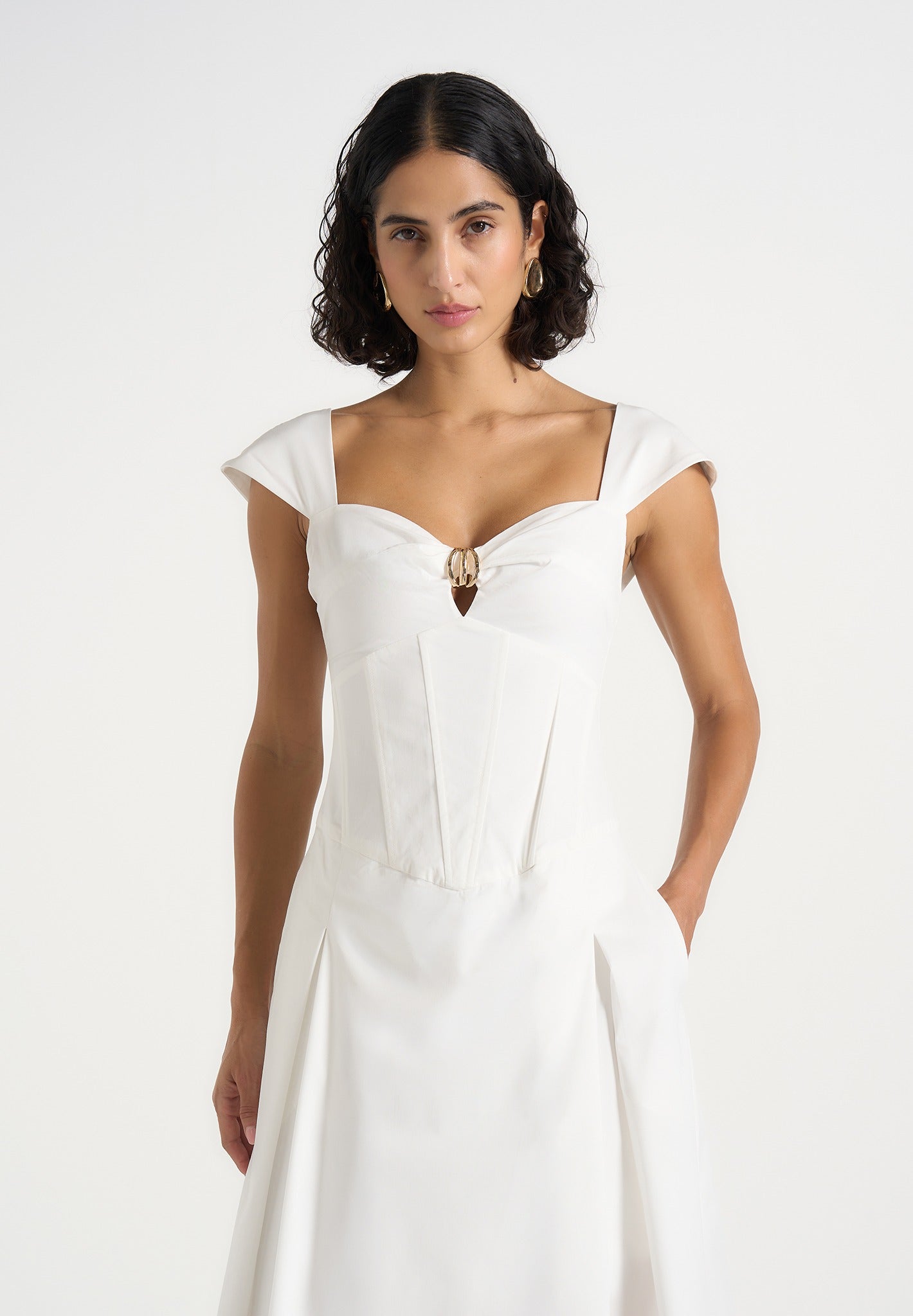Faith - Cap Sleeve Corset Cotton Midi Dress  - White