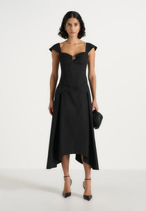 Faith - Cap Sleeve Corset Cotton Midi Dress - Black