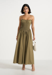 Elva - Smocked Waist Cotton Maxi Dress - Khaki