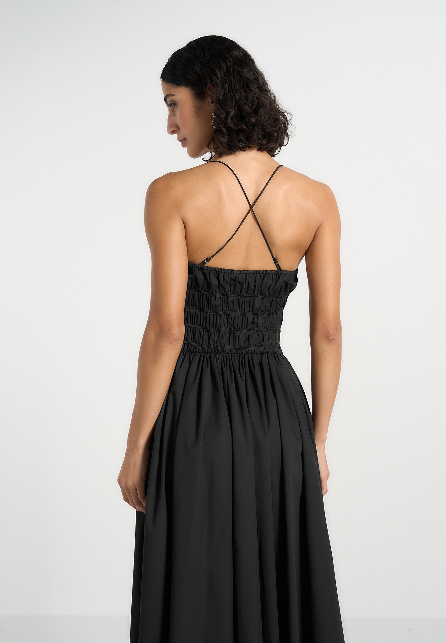 Elva - Smocked Waist Cotton Maxi Dress - Black