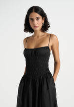 Elva - Smocked Waist Cotton Maxi Dress - Black