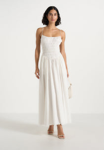Elva - Smocked Waist Cotton Maxi Dress - White