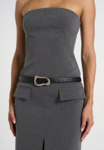 Tabitha - Tailored Pinstripe Bandeau Belted Maxi Dress - Grey