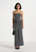 Tabitha - Tailored Pinstripe Bandeau Belted Maxi Dress - Grey