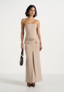 Tabitha - Tailored Bandeau Belted Maxi Dress - Taupe