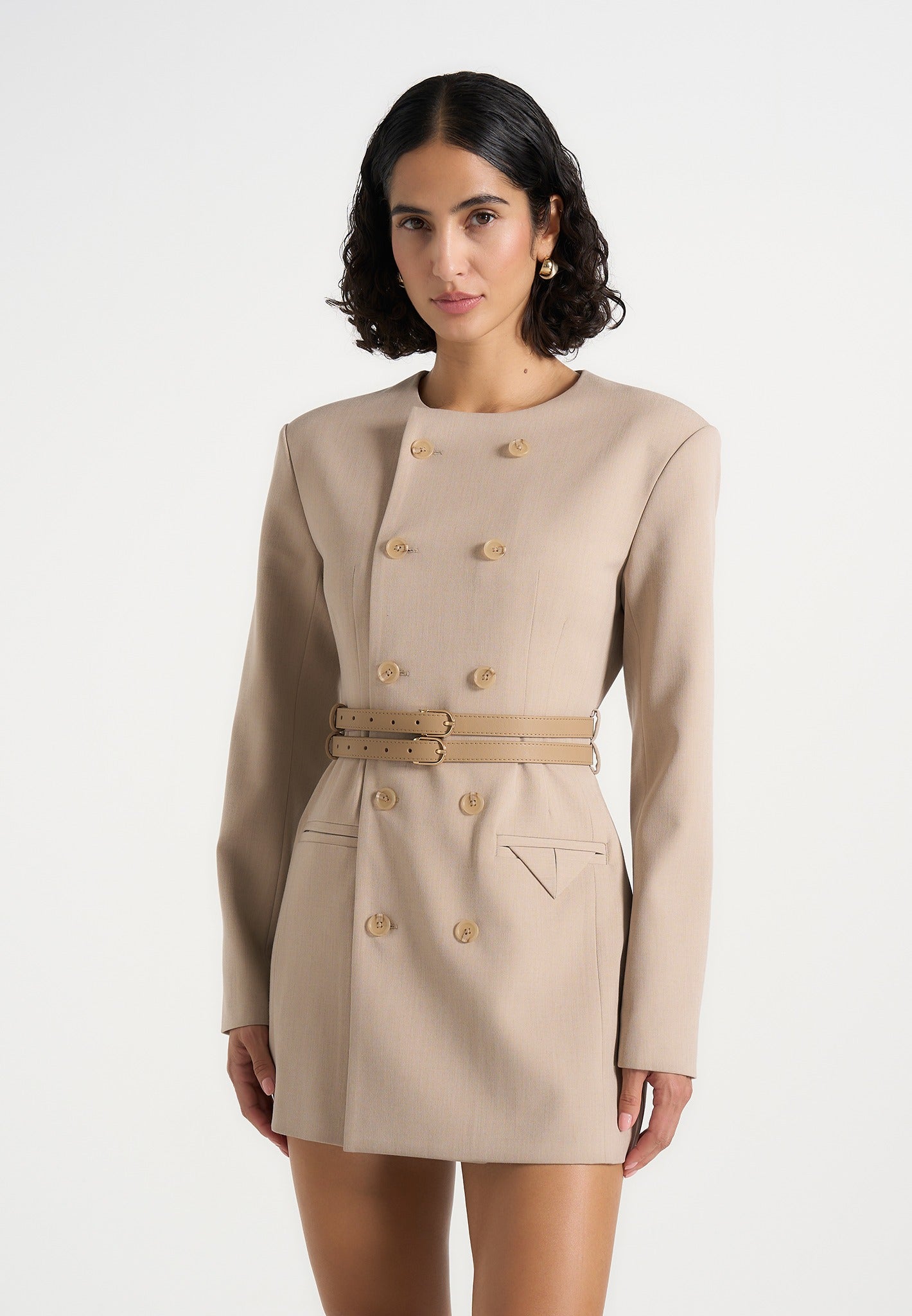 sierra-double-breasted-belted-blazer-dress-beige 