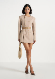 Sierra - Double Breasted Belted Blazer Dress - Taupe