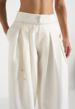 Flora - Box Pleat Wide Leg Belted Pants - White