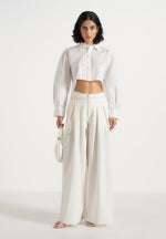 Flora - Box Pleat Wide Leg Belted Pants - White