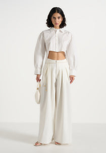 Flora - Box Pleat Wide Leg Belted Pants - White