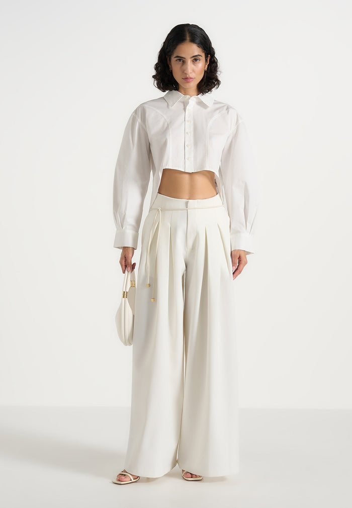 Flora - Box Pleat Wide Leg Belted Pants - White