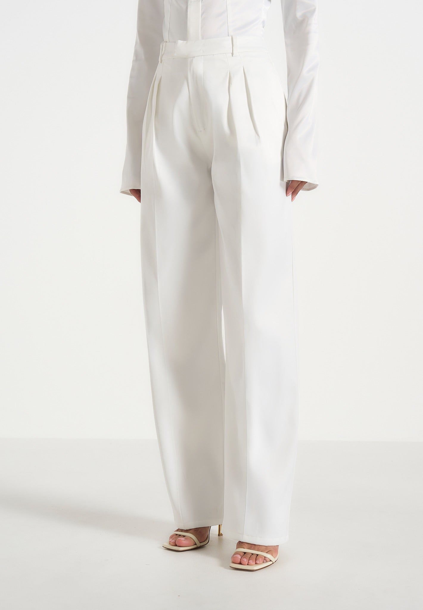 Julie - Satin Twin Pleat Pants - Off White 