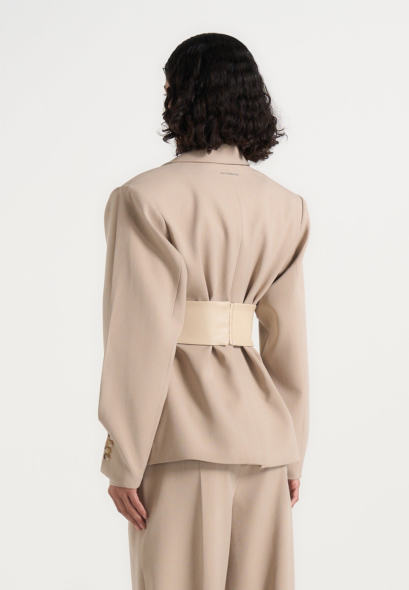 Marie - Twist Sleeve Tailored Blazer with Belt - Beige