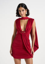 Mirena - Ruched Open Back Mini Dress With Scarf - Red