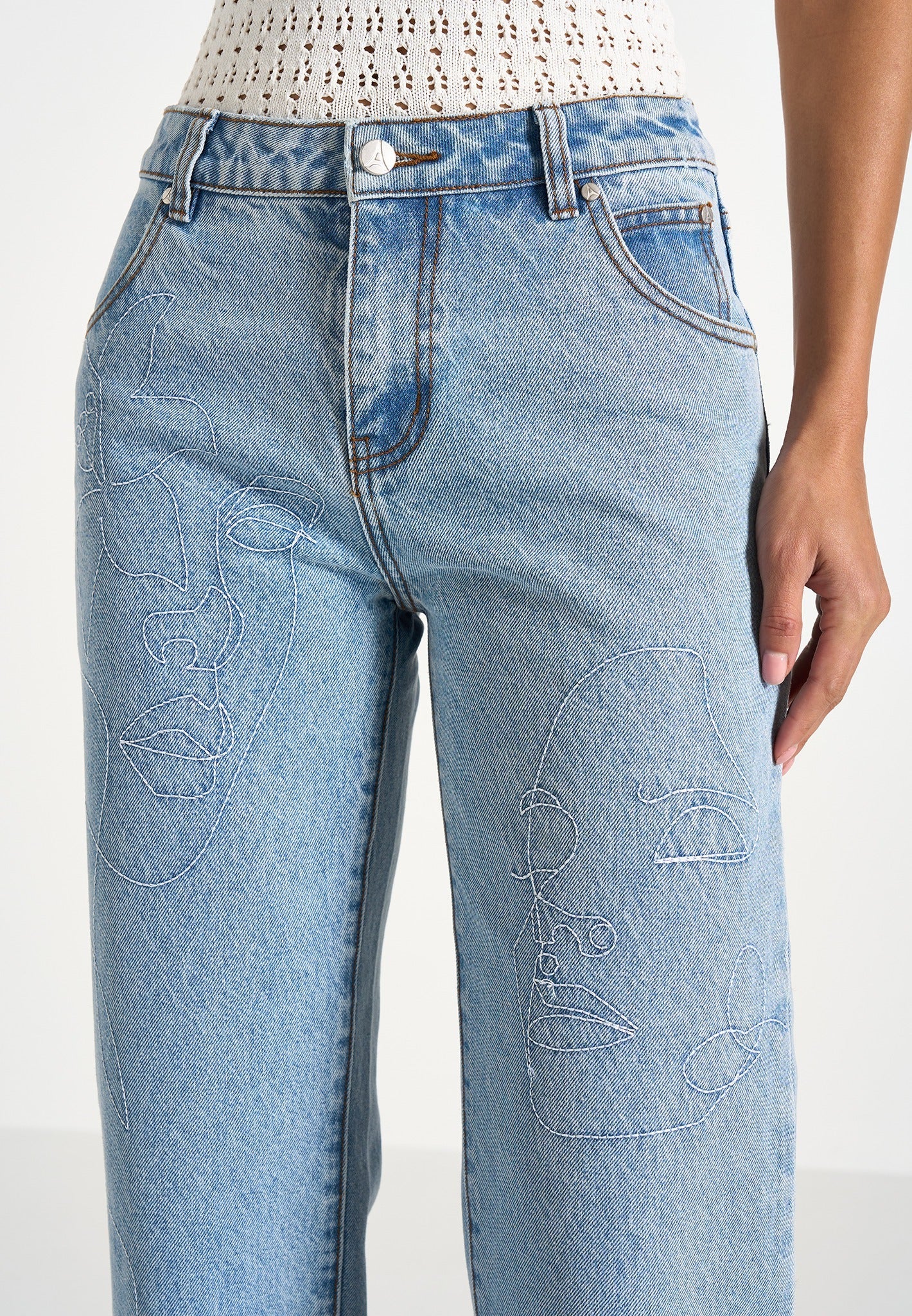 Calista - Line Art Denim Jeans - Mid Blue