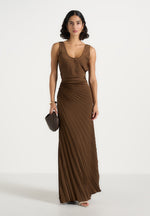 Fiona - Satin Fan Pleat Maxi Skirt - Brown