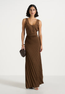 Fiona - Satin Fan Pleat Maxi Skirt - Brown