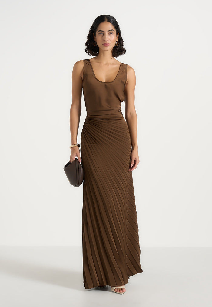 Fiona - Satin Fan Pleat Maxi Skirt - Brown