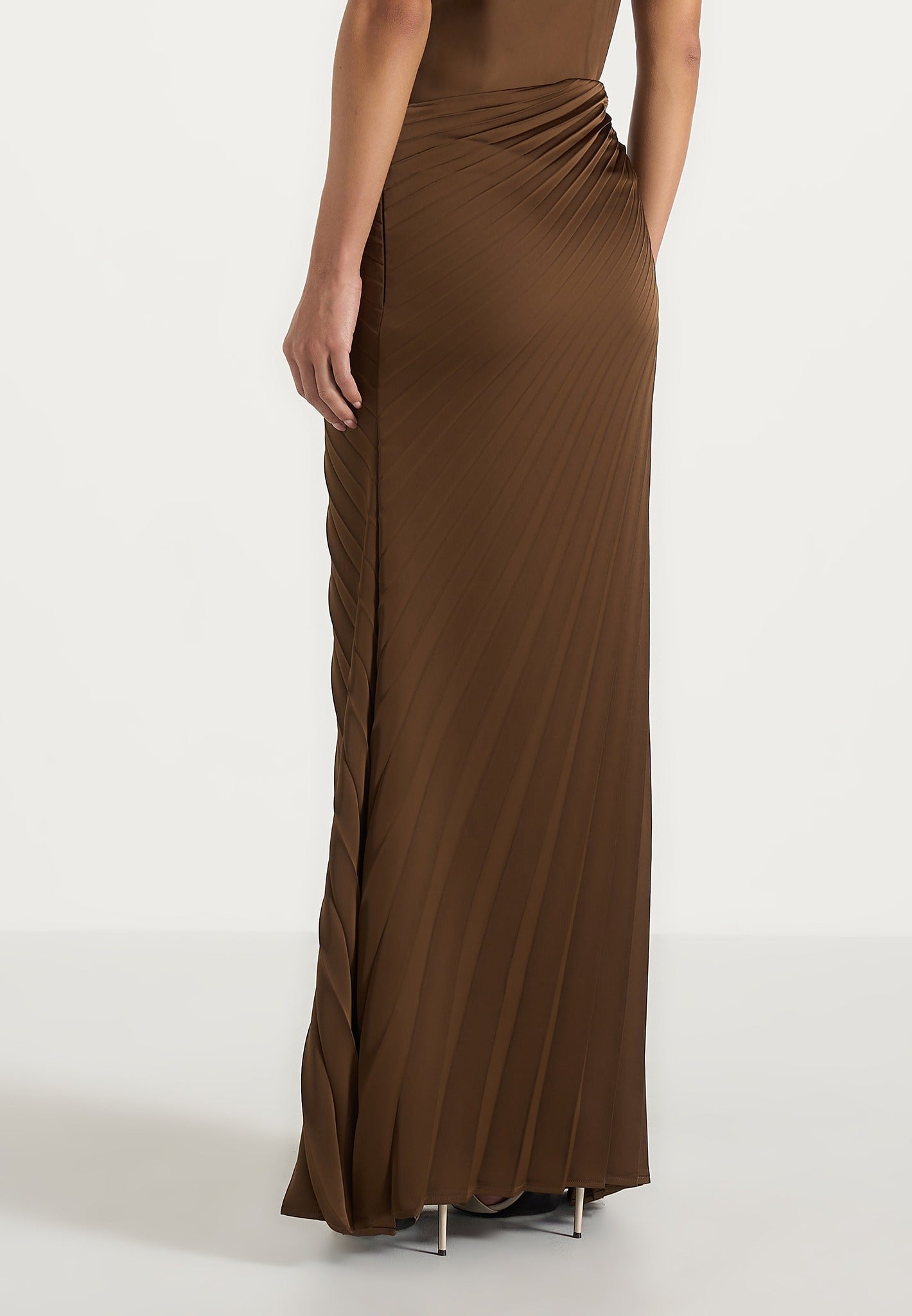 Fiona - Satin Fan Pleat Maxi Skirt - Brown