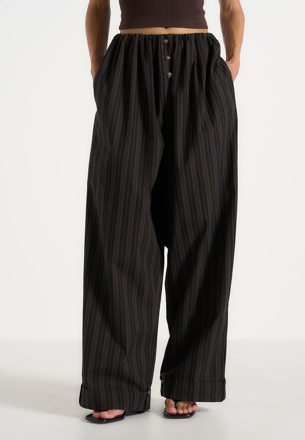 Ivanna - Elasticated Wide Leg Striped Cotton Pants - Black/Brown
