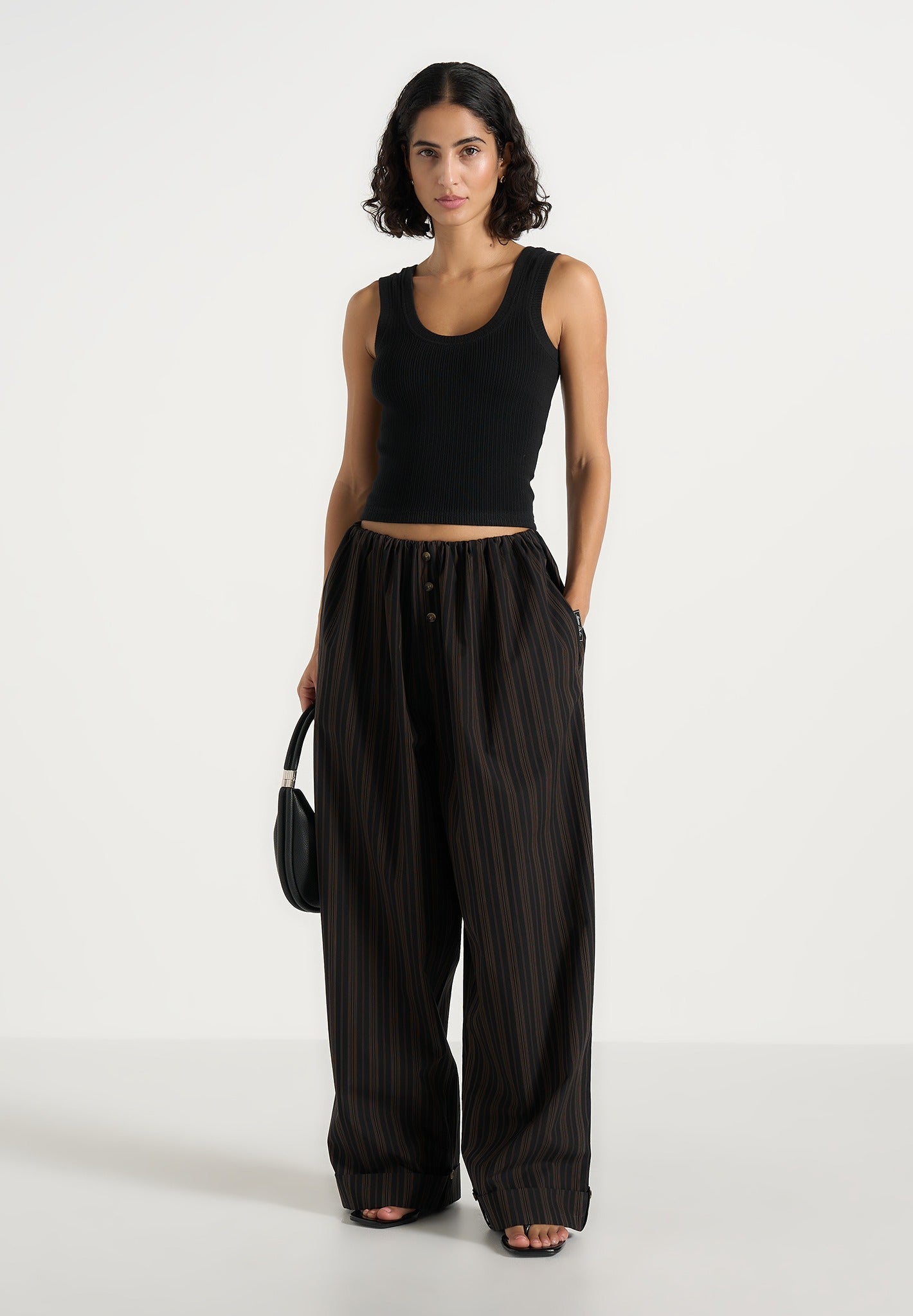 Ivanna - Elasticated Wide Leg Striped Cotton Pants - Black/Brown 