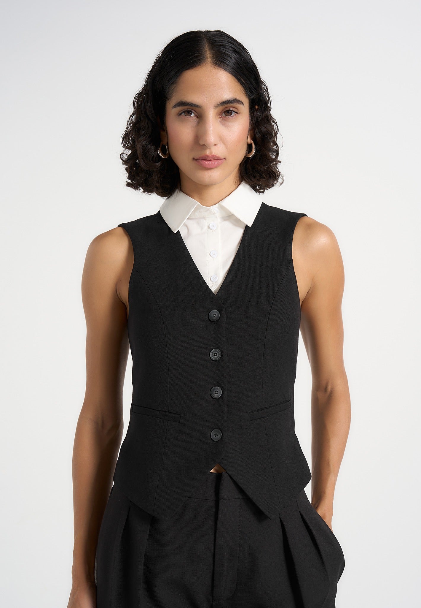Irene - Collar Detail Cinched Suit Vest - Black/White