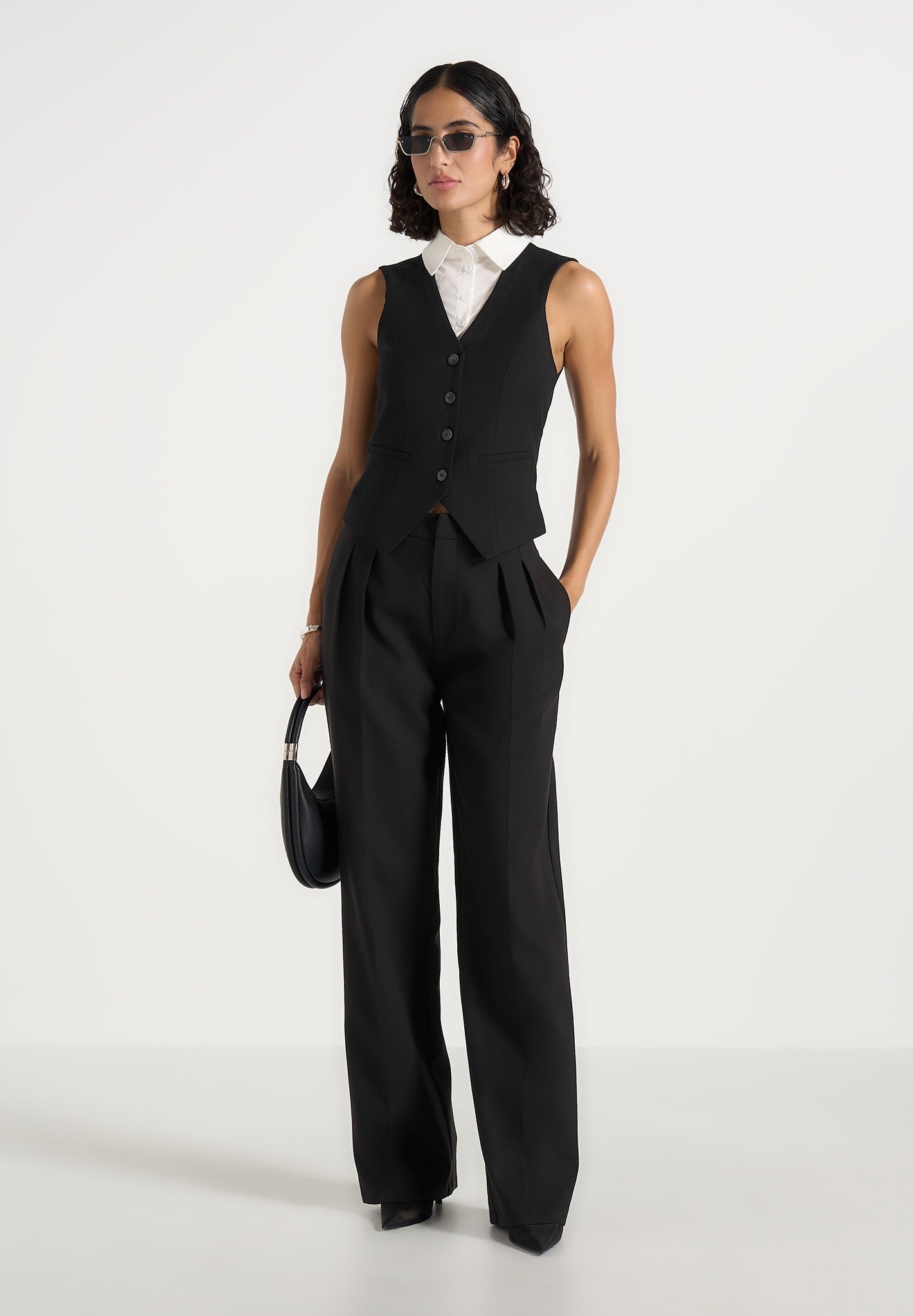 Irene - Collar Detail Cinched Suit Vest - Black/White