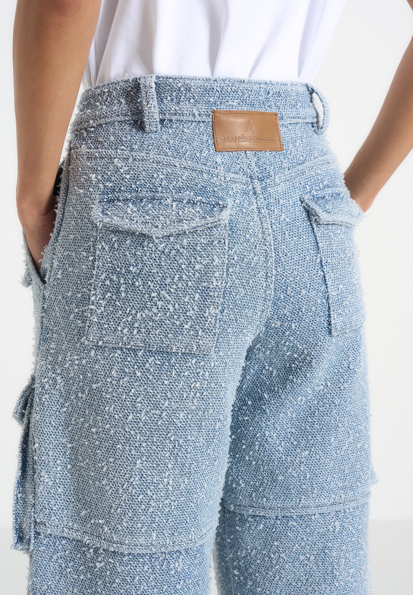 Anne - Denim High Waisted Boucle Cargo Pants - Mid Blue