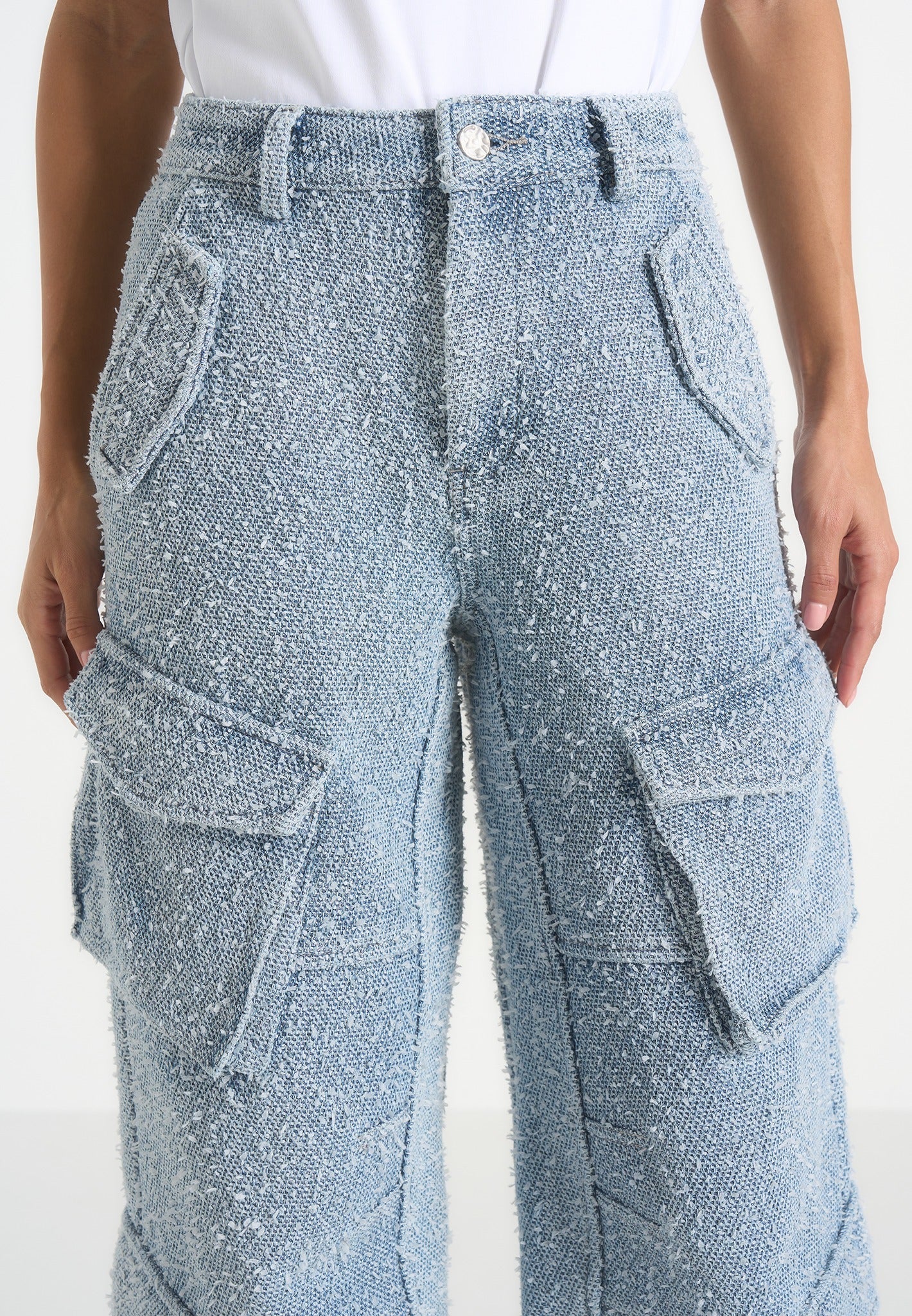 Anne - Denim High Waisted Boucle Cargo Pants - Mid Blue