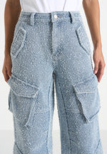 Anne - Denim High Waisted Boucle Cargo Pants - Mid Blue
