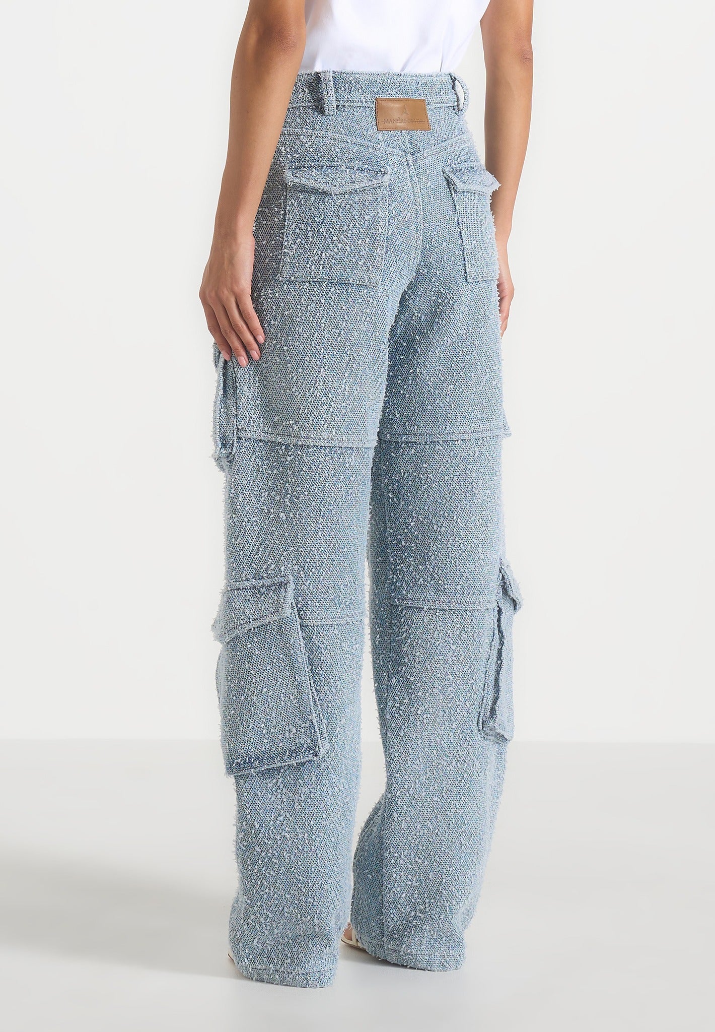 Anne - Denim High Waisted Boucle Cargo Pants - Mid Blue