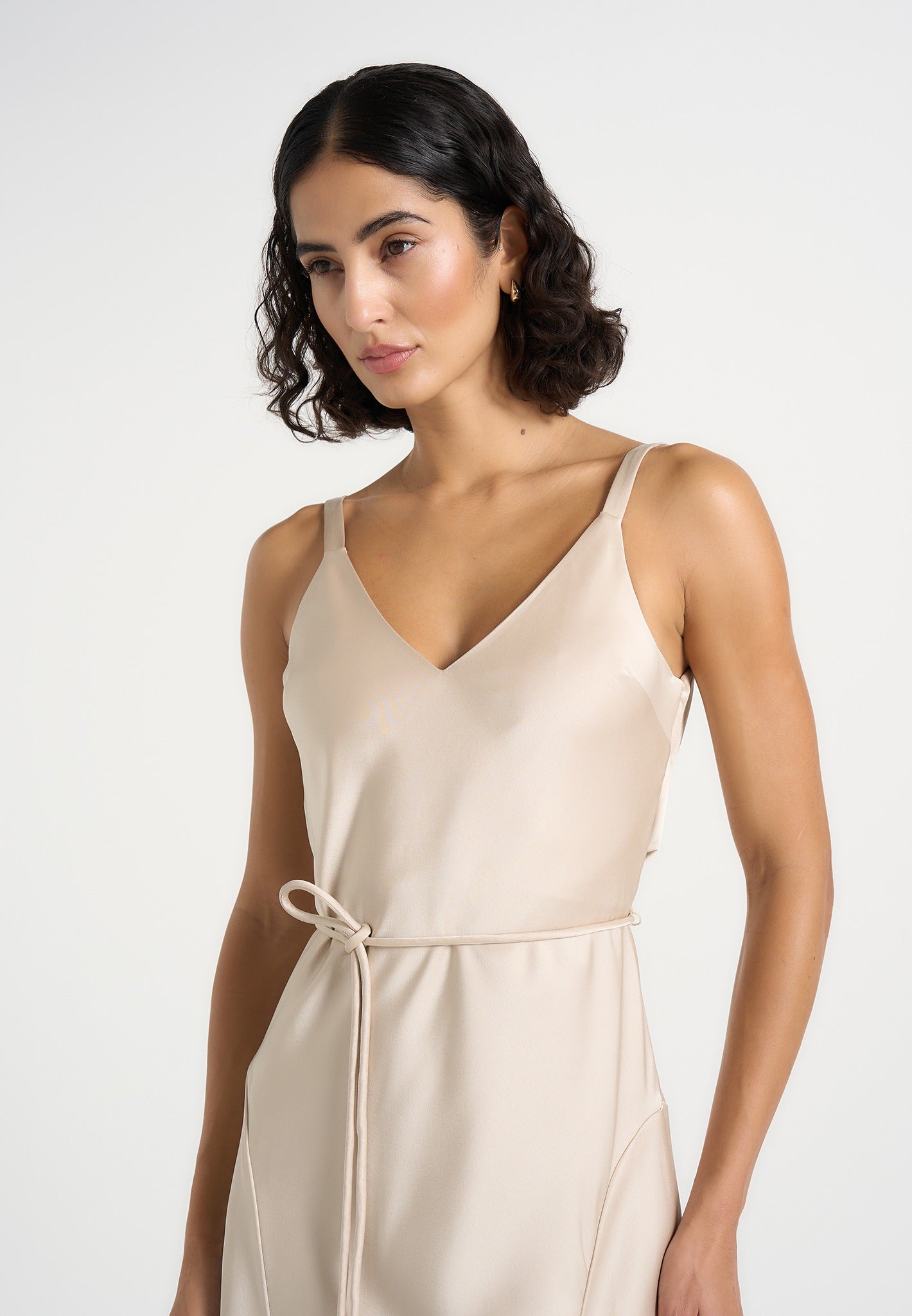 Saffron - Satin Belted Maxi Dress - Champagne