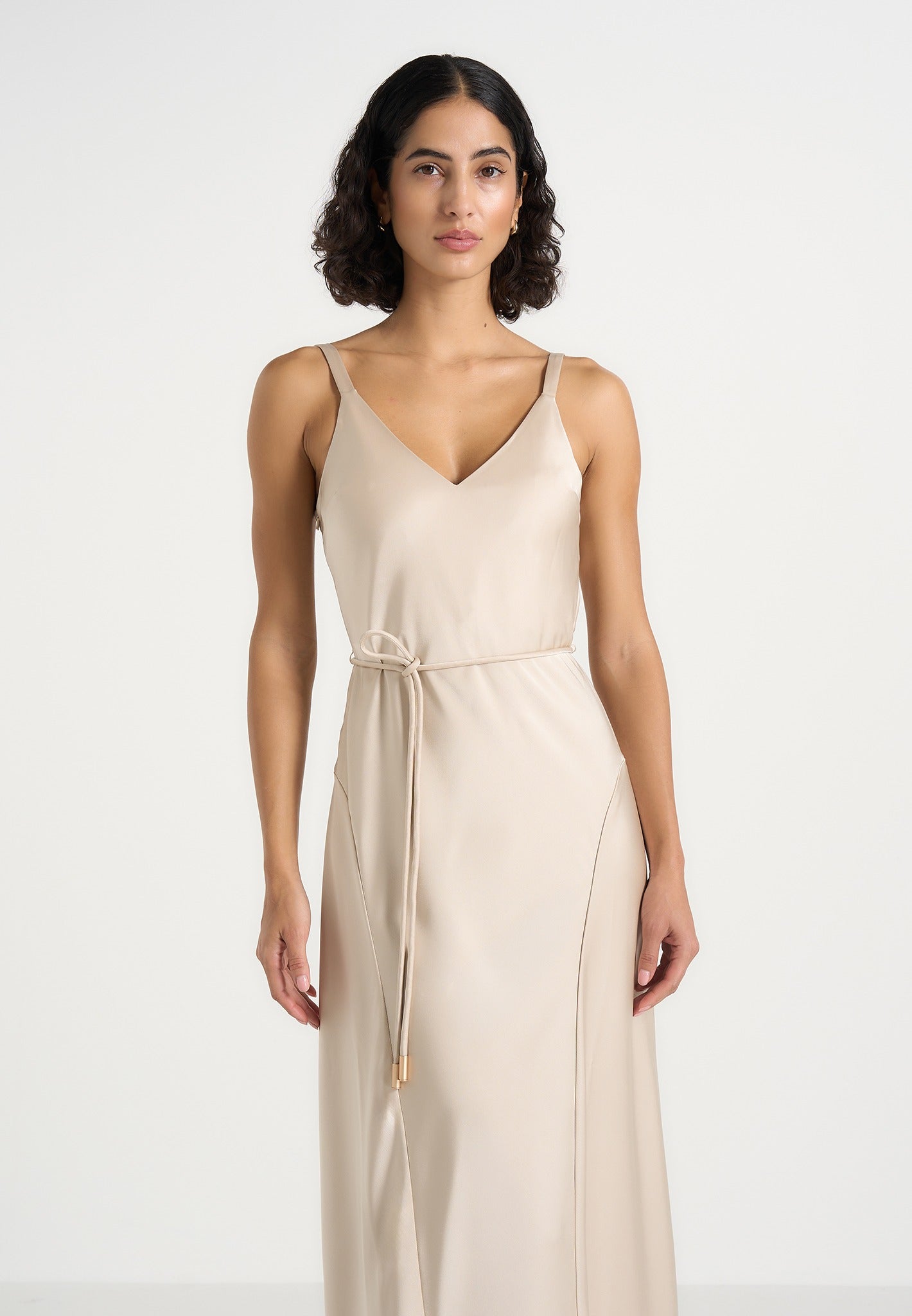Saffron - Satin Belted Maxi Dress - Champagne