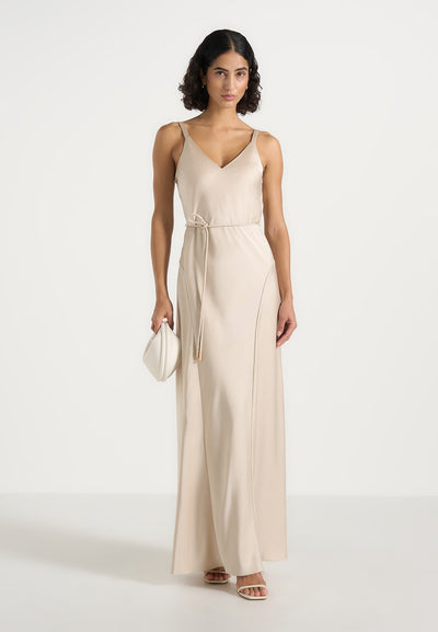 Saffron - Satin Belted Maxi Dress - Champagne