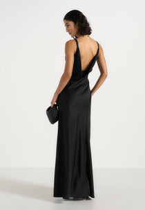 Saffron - Satin Belted Maxi Dress - Black