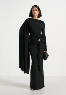 Edena - Asym Ruched Draped Maxi Dress - Black