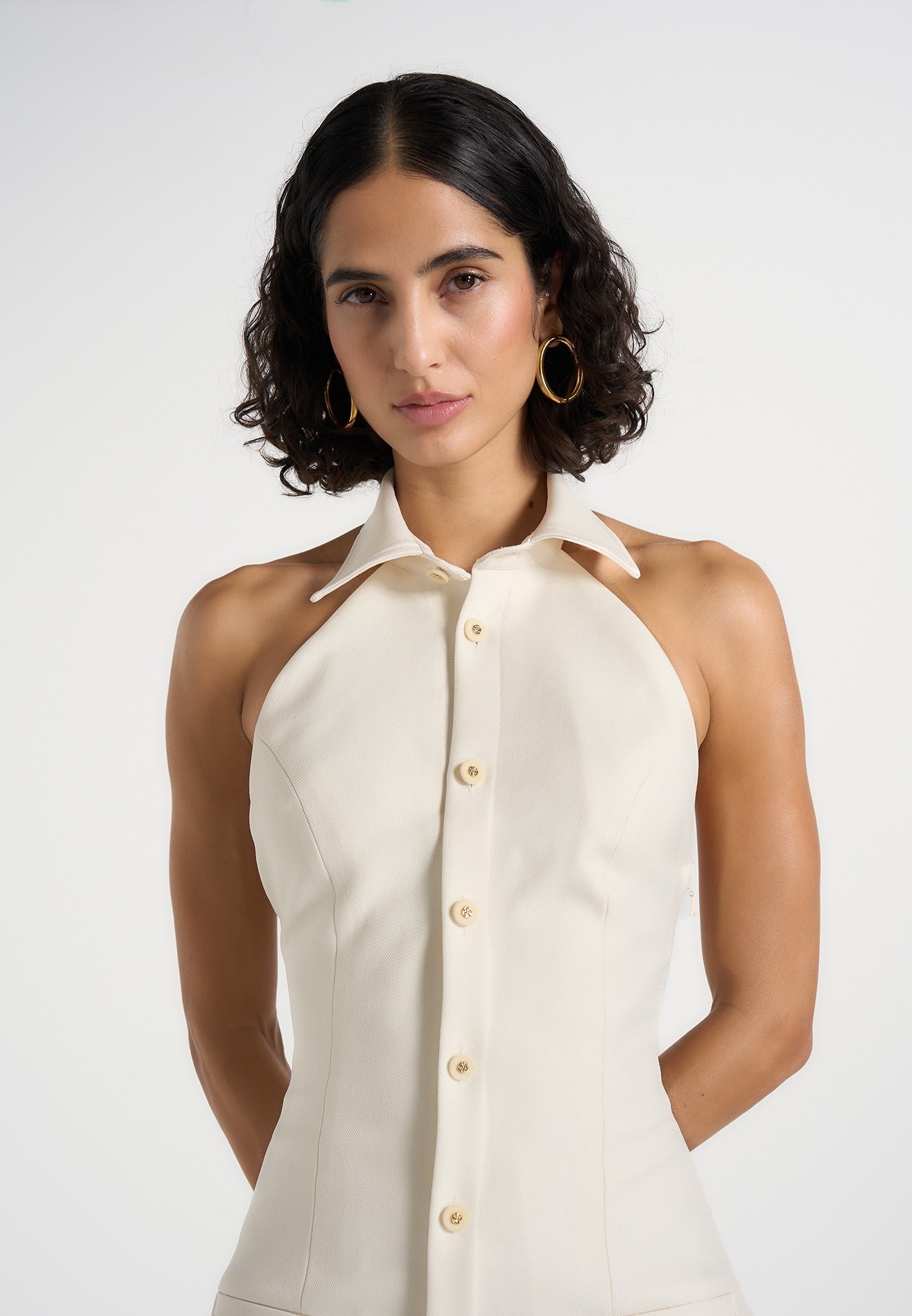 Jasmine - Halterneck Pleated Mini Dress - Cream