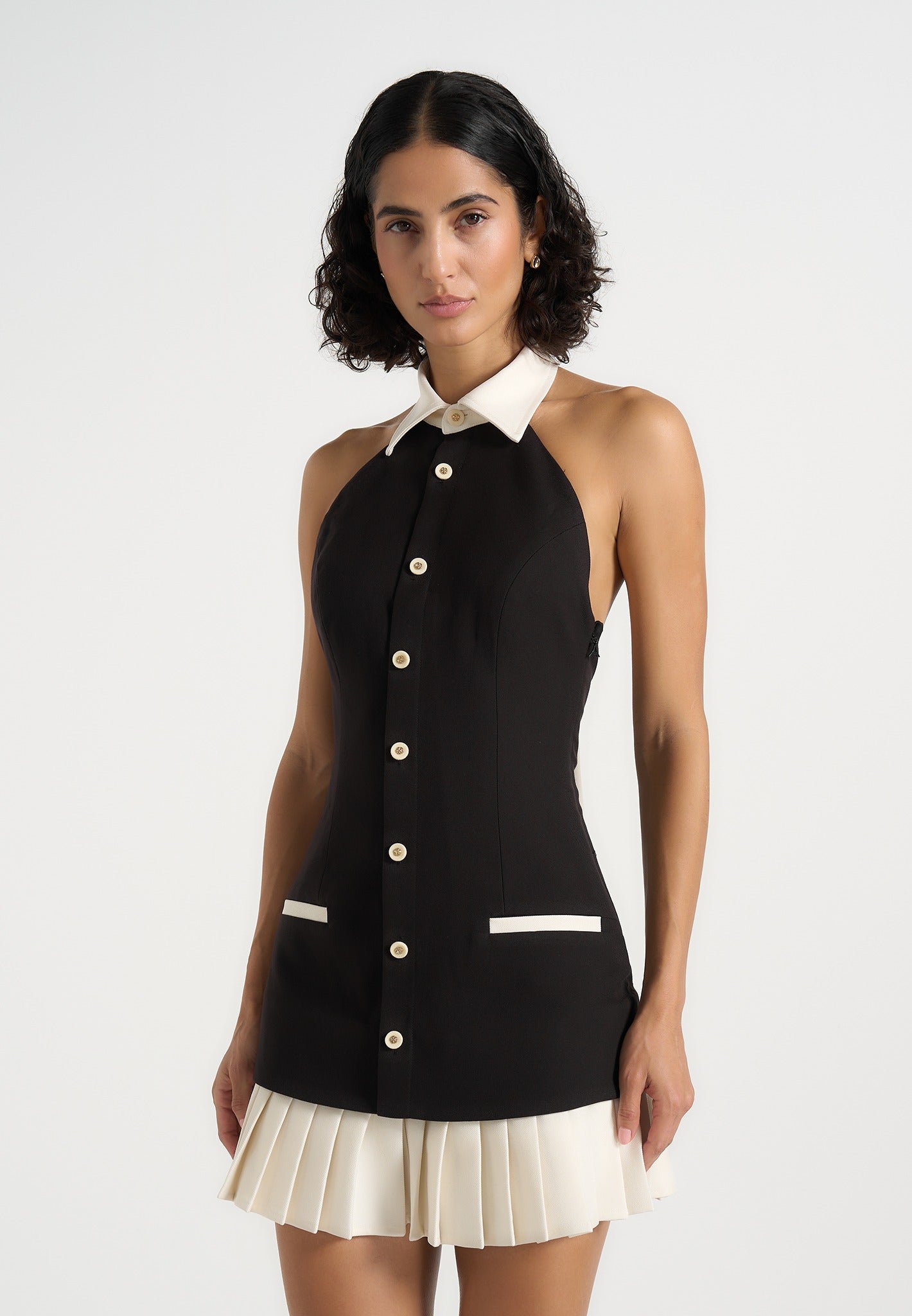 Jasmine - Halterneck Pleated Mini Dress - Black