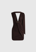 Mirena - Ruched Open Back Mini Dress With Scarf - Brown