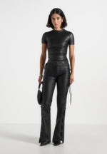leather-ruched-t-shirt-black