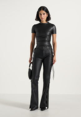 leather-ruched-t-shirt-black