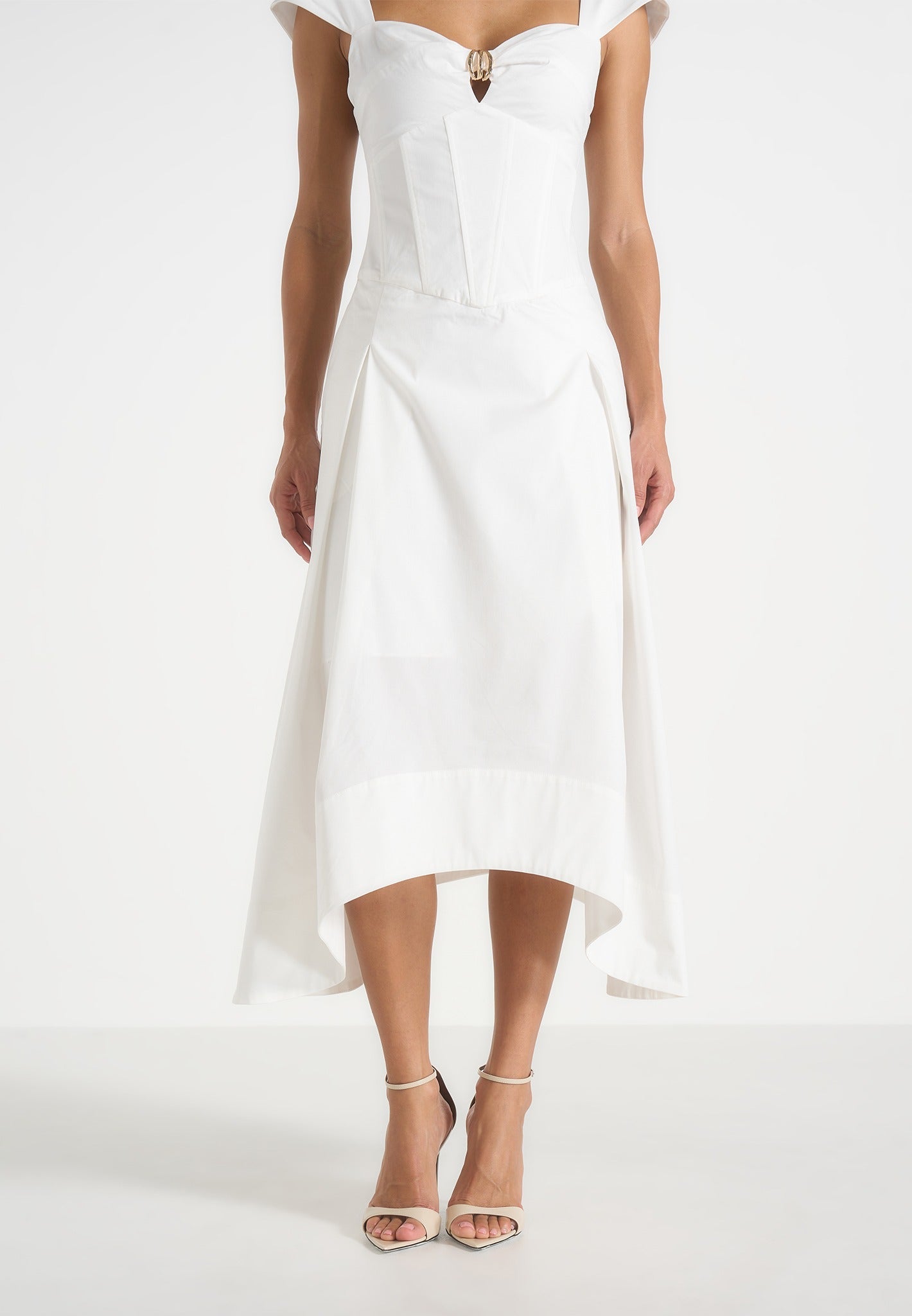 Faith - Cap Sleeve Corset Cotton Midi Dress  - White 