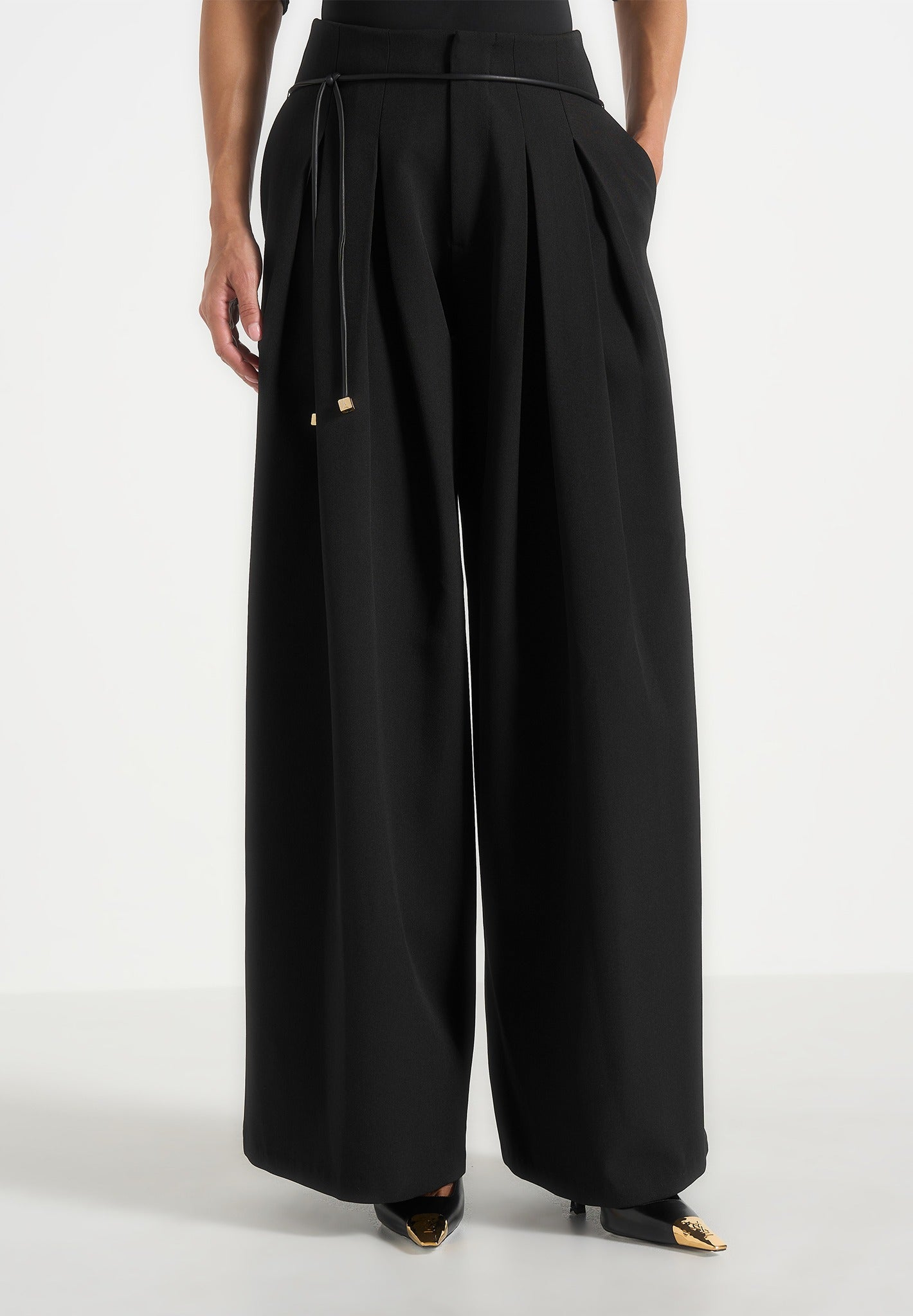 flora-box-pleat-wide-leg-belted-trousers-black