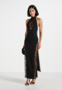Jessica - Contour Lace Halter Drape Neck Maxi Dress - Black