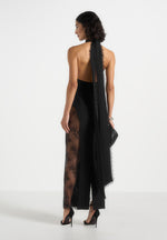 Jessica - Contour Lace Halter Drape Neck Maxi Dress - Black