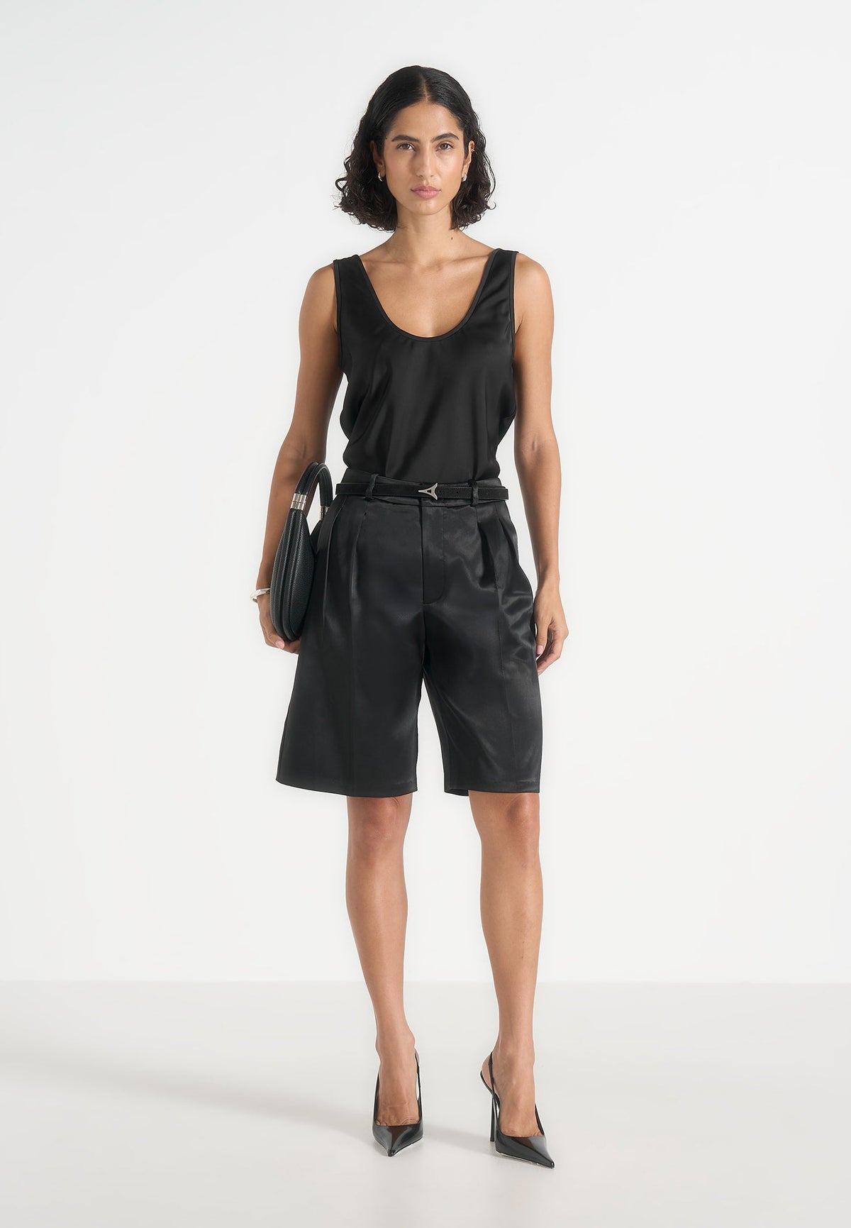 Lorette - Twin Pleat Satin Shorts - Black