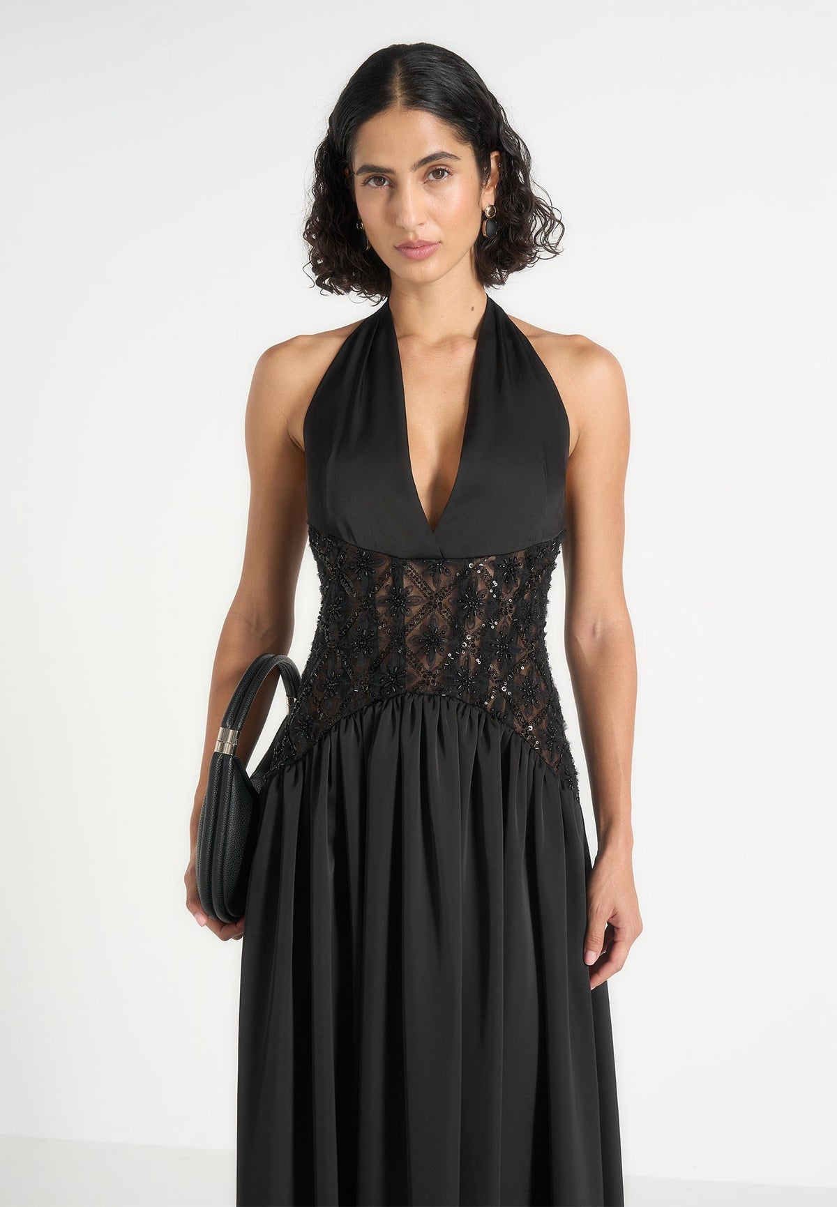 Ava - Halterneck Embellished Corset Gathered Maxi Dress - Black
