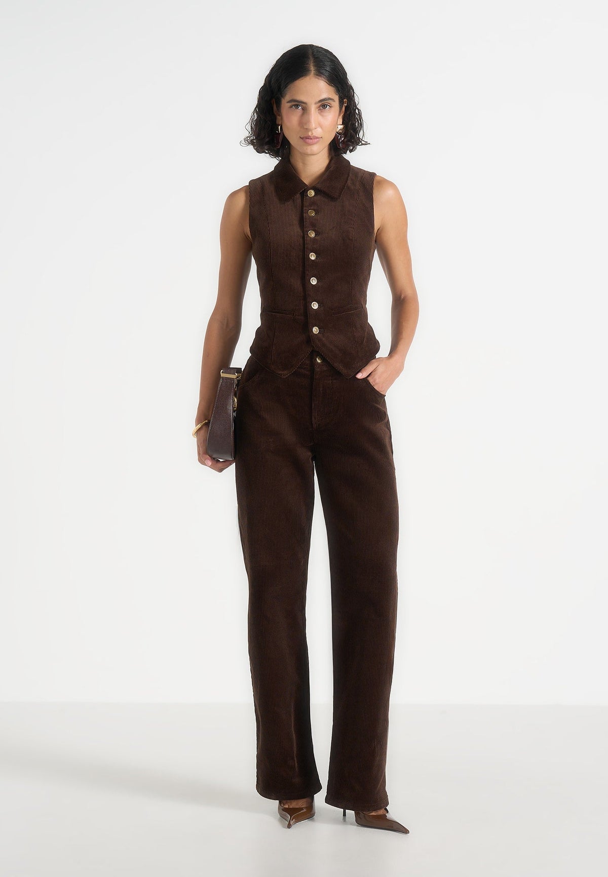 Nancy - Corduroy Cinched Collar Vest - Brown